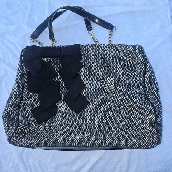 Kate Spade Tweed Gray Black Patent Leather Chain Link Shoulder Tote - Picture 2 of 10